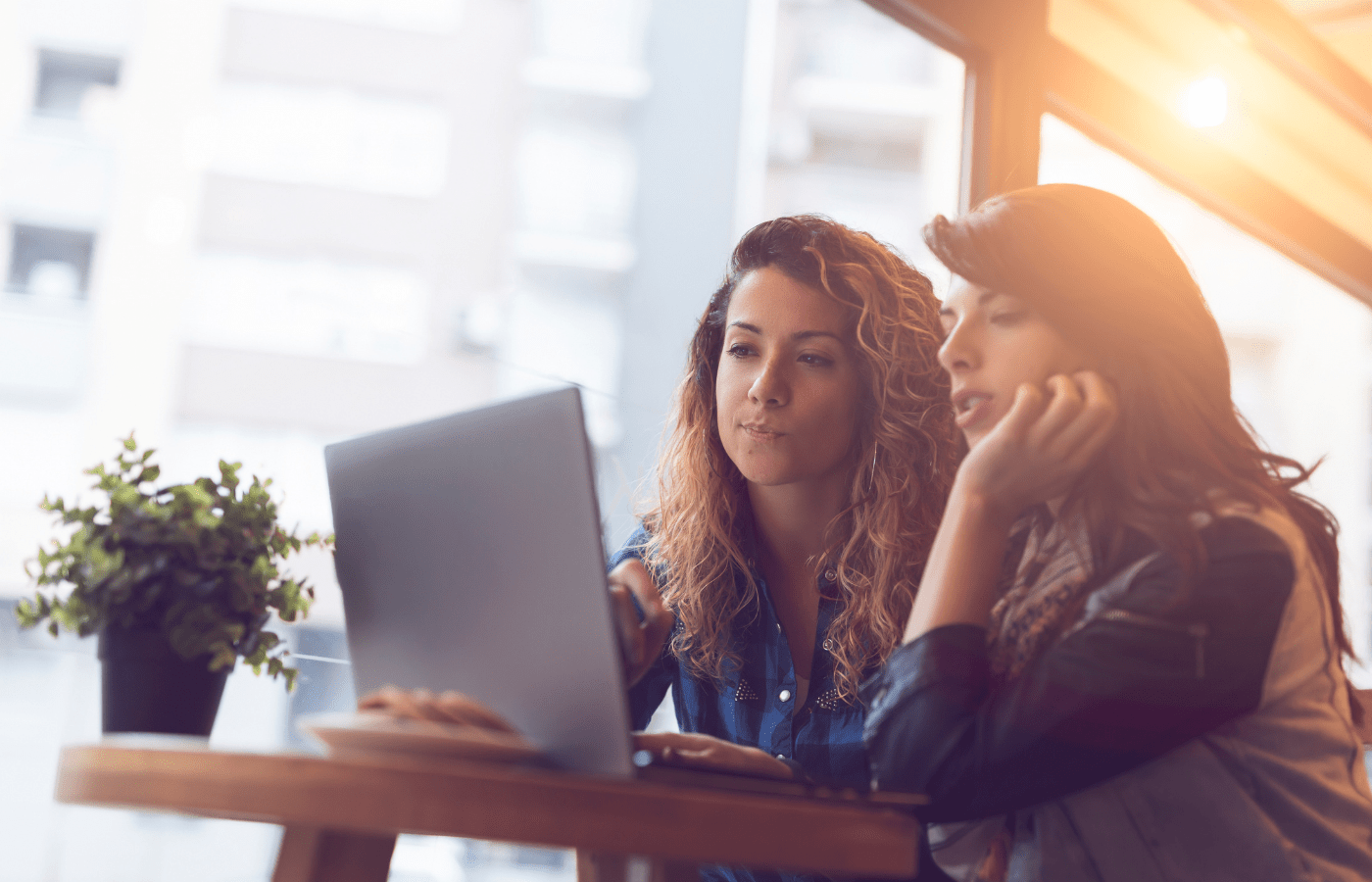 Two women looking at coaching programmes on a laptop